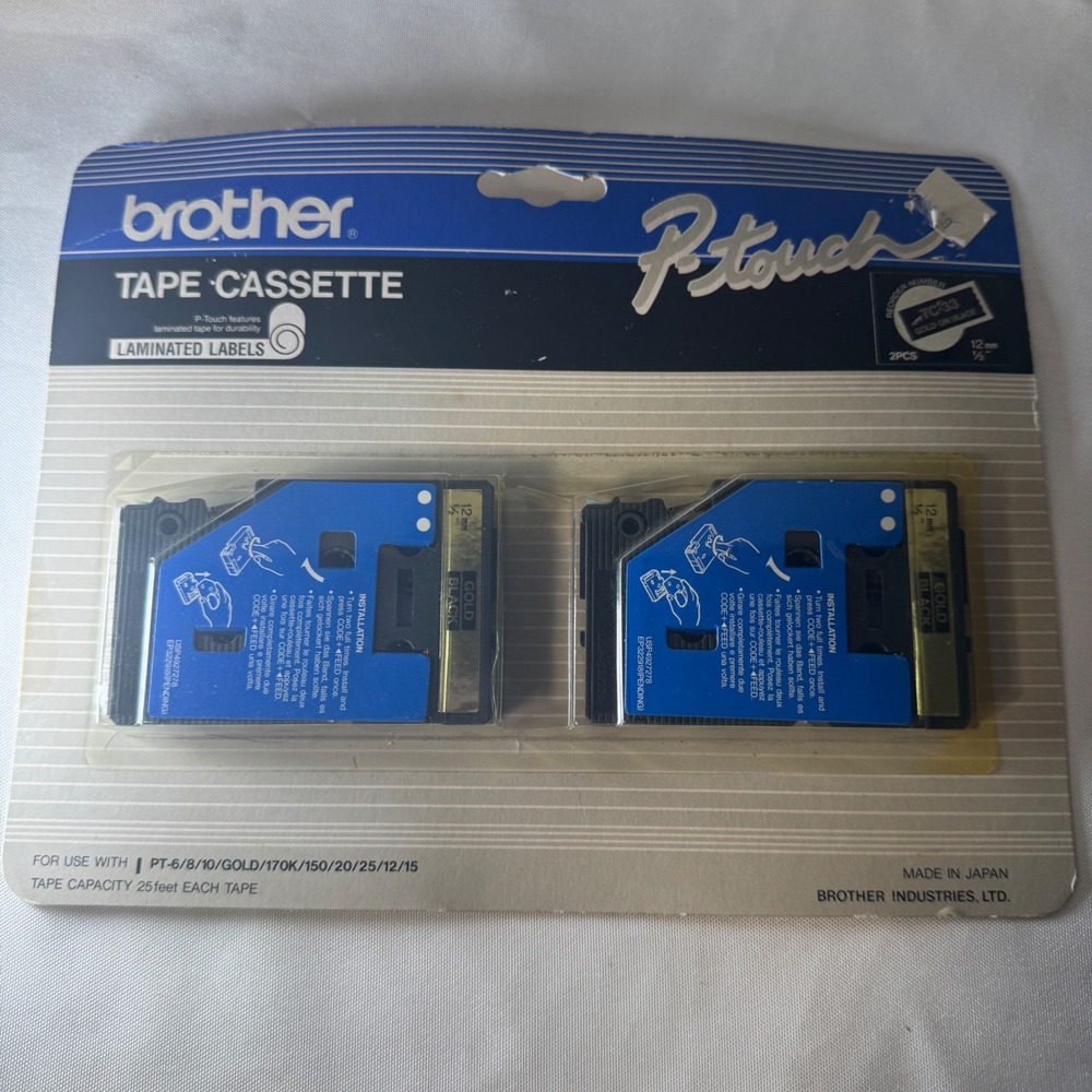 Brother P-Touch TC-33 Laminated Label Tape 12mm 1/2" Gold on Black 2-Pack NEW